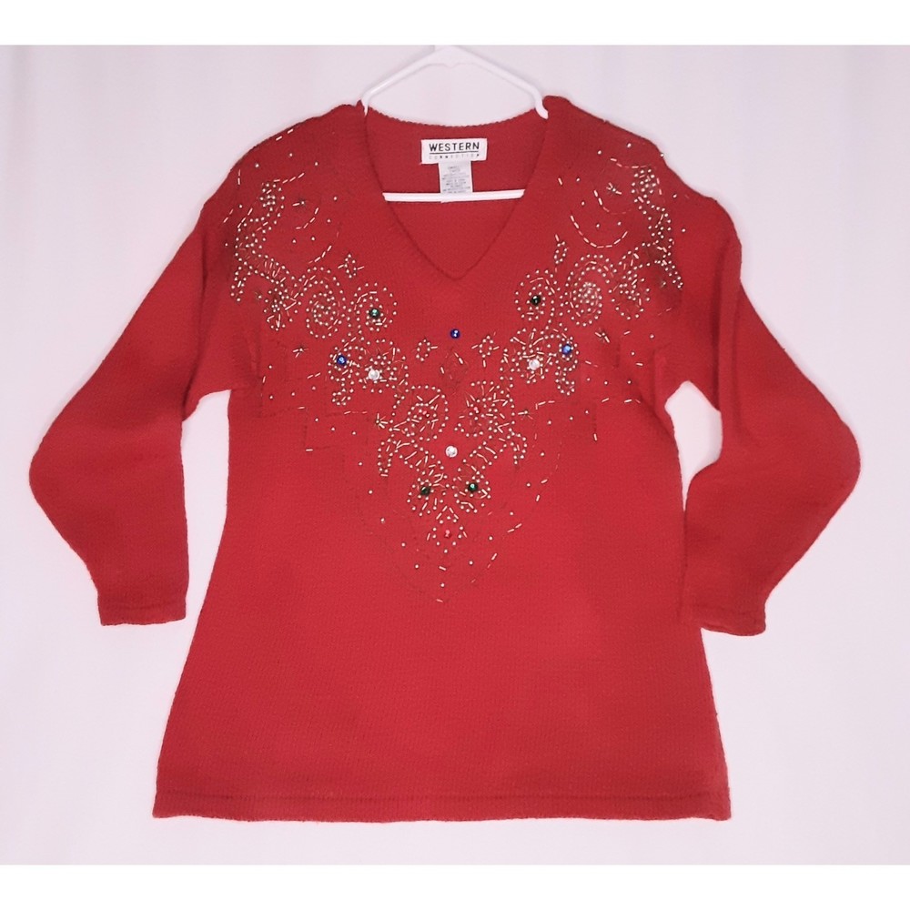 💎Western Connections Sweater Festive V-Neck Red With Beads Rhinestones Small